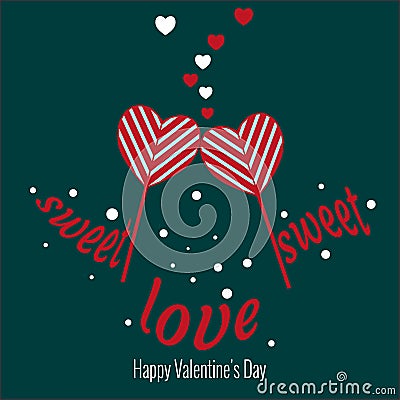 Sweet sweet Love. Set of Valentine`s Day icons. Two lollipops in shape of heart, balls and hearts of decor. Vector Illustration